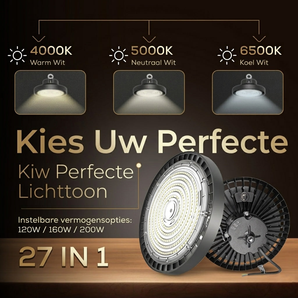 27-in-1 UFO LED High Bay Lamp met 3 Lichtkleuren, 3 Wattages, 3 Stralingshoeken en 5 Jaar Garantie